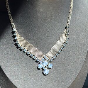 Vintage Blue Moonstone Glass & Mesh Deco Style Necklace